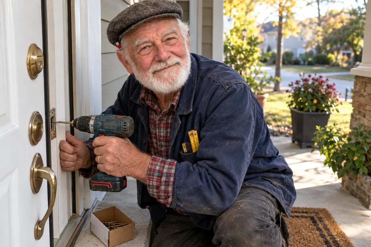 Opa Ernst fitting a heavy strike plate with long screws into a front door
