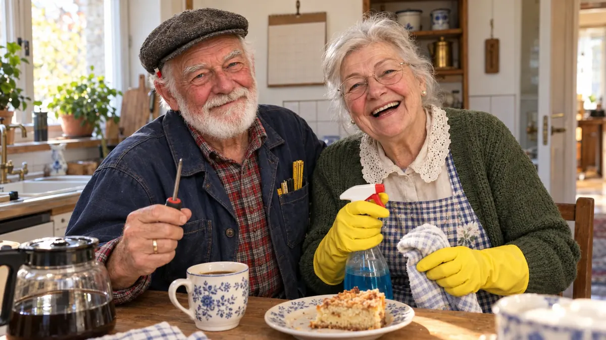 Opa Ernst and Oma Liesel at their kitchen table with coffee and cake