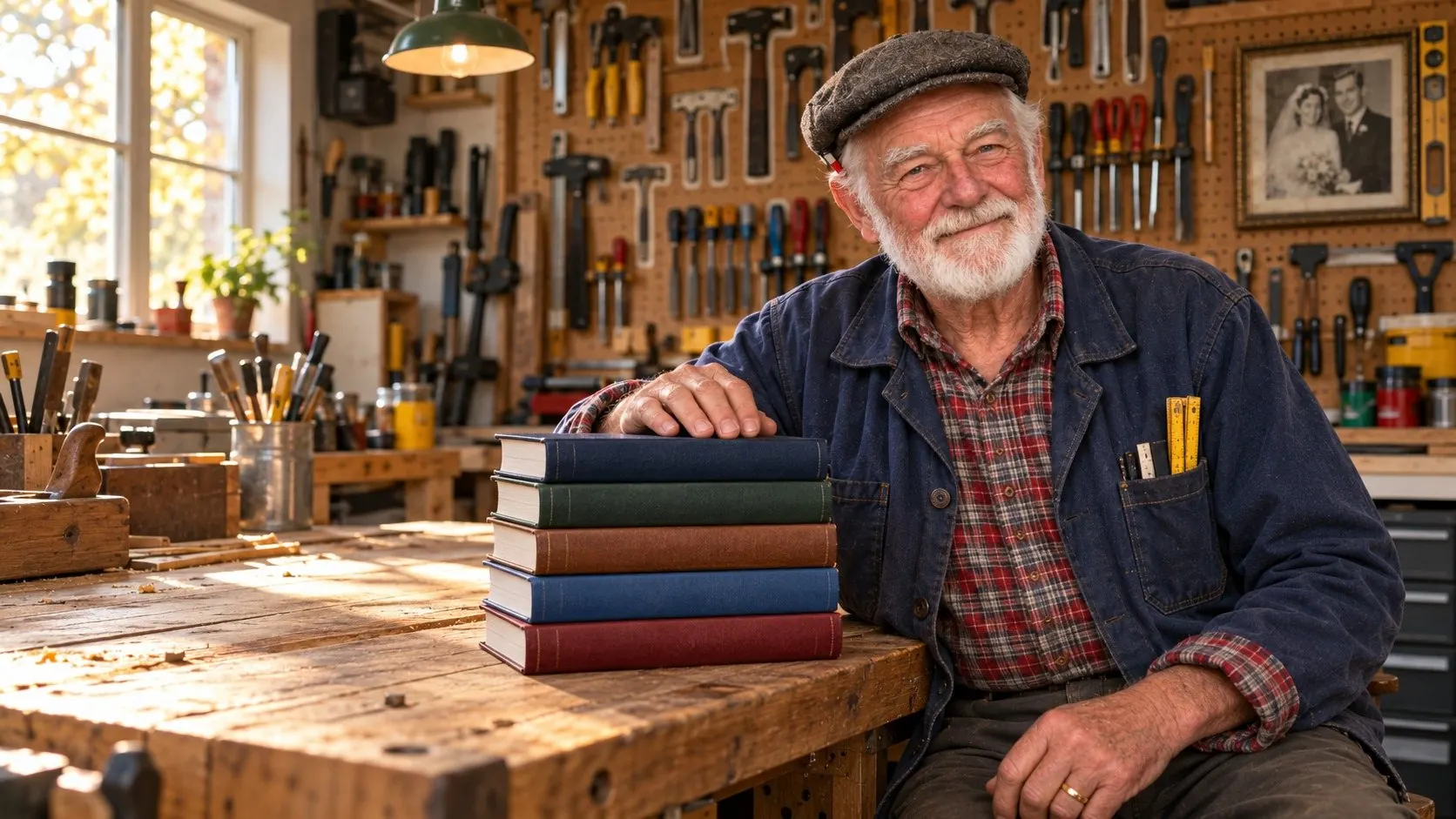 Opa Ernst at his workbench with the five books of his home library